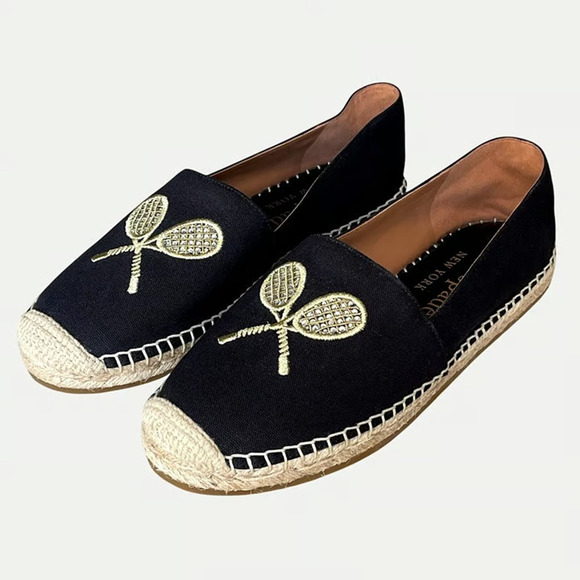 Kate Spade Doubles Tennis Racket Embroidered Canvas Espadrille Flat Black Gold 9 - Picture 1 of 8